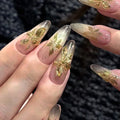 24PCS Luxury Gilt Gold Flowers Nail Almond Shape Press on Nails Glitter Gradient Nails for Women Girls