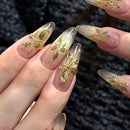 24PCS Luxury Gilt Gold Flowers Nail Almond Shape Press on Nails Glitter Gradient Nails for Women Girls