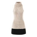 Women Sleeveless High Neck Patchwork Knit Dress Autumn Mini Robe