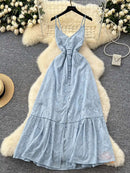 Crochet Hollow Out Beach Dress Women Summer Strap Embroidery Linen Prom Party Dresses Embroidery