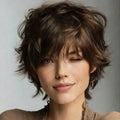 Chocolate Brown Women'S Human Hair Bob Wig Short Straight Pixie Cut Wigs with Layered Bangs