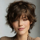 Chocolate Brown Women'S Human Hair Bob Wig Short Straight Pixie Cut Wigs with Layered Bangs
