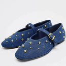Denim Ballet Flats Women Round Toe Metal Rivets Shoes Buckle Mary Jane Shoe