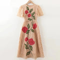 Spring Women's Round Neck Short Sleeve Hollow Embroidered Waist cinching Dress