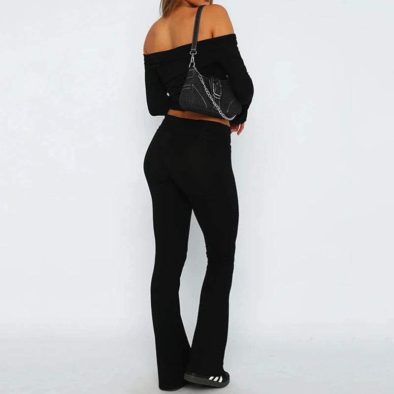 Autumn Winter Flare Pants For Women Black Casual Solid Streetwear Cotton Slim Trousers Female High Waist Long Pants