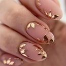 24pcs Nude Oval Nails Press on Golden Leaves Design Full Cover Nail Tips Simple Almond Nails Art