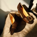Brown Satin Wedges Pumps for Women Round-toe Pleated Designer Shoes