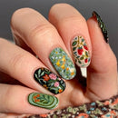 Close-up of a hand with intricately designed floral and nature-themed nails, Obroi