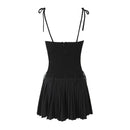 Women Pleated Hem Slim Mini Sling Dresses Lace Trim Low Waist Ladies Party Dress Summer Skater Robe