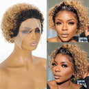 Blonde and black curly wig on a mannequin head, with two images of a woman wearing the wig, Obroi