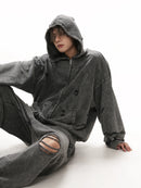 Autumn Winter Ripped Hole Punk Zip Up Hoodies Distressed Sweatshirt