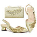 Gold embellished shoes and handbag set on a white background, Obroi