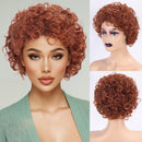 Red curly wig shown on a model and a mannequin head against a white background, Obroi