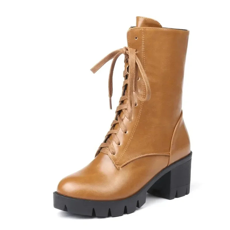 Winter Round head Thick heel boots student Lace Plus velvet Keep warm High heel Women boots size