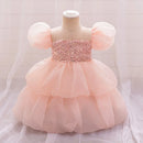Girl's Mesh Bubble Sleeves Fluffy Skirt Birthday Party Wedding Flower Girl Performance Dress