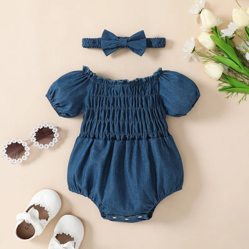 Baby Girls Floral Romper Puff Short Sleeve Ruched Bodysuit Smocked Jumpsuit with Headband Summer Clothes