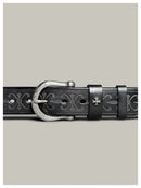 Black leather belt with silver buckle on a light gray background, Obroi