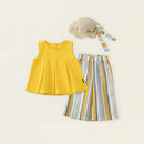 Summer Children's Clothing Women's Treasure Cute Doll Shirt Striped Pants Set Hat Included