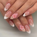 24pcs Almond Sweet Nails Wearable Flower Nails Sets Press on French Pink Nail Tips Glitter Stick on Nail