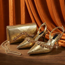 Inspired Gold Rhinestone Pointed Toe Women Shoes and bag Set Elegant Shoes