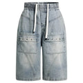 Men Denim Shorts Pockets Patchwork Loose Wide Leg Jeans Shorts Summer Casual Shorts