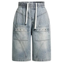 Men Denim Shorts Pockets Patchwork Loose Wide Leg Jeans Shorts Summer Casual Shorts