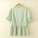 Women Blouses Summer Short Sleeve Cotton Jacquard Lace-Up Tops Loose Tees Oversized Curve Clothes