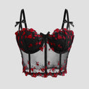 Lace Floral Embroidery Bow Corset For Women Camisole Sheer Mesh Slim Crop Top Wired Bra
