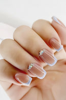 24Pc Short Square French Pink Blue Contrasting Sparkling Diamonds Girls Women Full Coverage Wearable Fake Nail Set