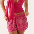 Women Sequin Sparkle Beaded Mini Shorts Low Rise Pearl Bottoms Summer