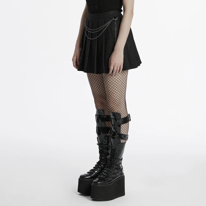 Women Punk Twill Pleated Skirt Chains Detachable Simple Floral Mini Skirts