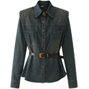 Retro Polo Collar Denim Jacket Women Autumn Shoulder Pad Top Aesthetic