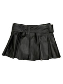 Summer Autumn Distressed Leather Mini Pleated Skirt Women Belt Short Luxury Designer Clothes