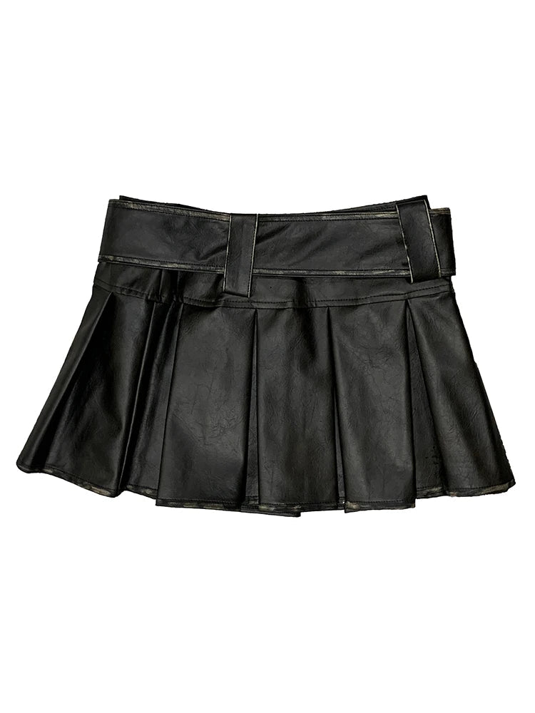 Summer Autumn Distressed Leather Mini Pleated Skirt Women Belt Short Luxury Designer Clothes