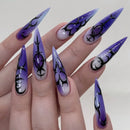 Purple Gradient Flower Nails Press on Long Stiletto Nails Silvery Line Wearable Full Cover Nails Tips