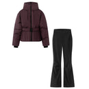 Women's Elegant Hooded Zip Beige Skiing Padded Snowboard Sports Parkas Coats Lady Thick Warm Pants Trousers 2PCS Sets Suits