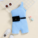 Girls Summer Jumpsuits With Waist Pack Sleeveless One Shoulder Ribbed Elastic Playsuits Shorts