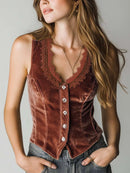 Retro Lace Velvet Vest Women Vintage Caramel Crop Jacket Casual Streetwear Outfits