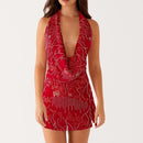 Women Sequin Halter Mini Dress Fold Backless Slim Fit Short Dresses Lady Chic Summer Beach