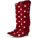 Obroi Red cowboy boots with white star patterns and fringes on a white background