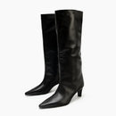 Black Knee-high Boots for Women Pointed-toe Kitten Heel Designer Boots Comfortable Soft Leather