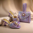 Lilac Ladies Shoes and Bag SetSparkly Crystal Rhinestone Square Toe Stiletto Women Heels