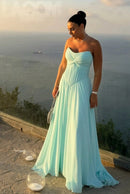Elegant Mint Blue Chiffon Sweetheart Floor-Length Pleated Evening Gown Dress