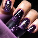 Close-up of a hand with purple glittery nails and decorative elements, Obroi
