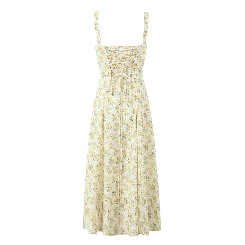 Sexy Cross Lacing Up Bandage Back Flower Sling Dress Corset Style Bow Chest Hem Slit Swing Midi