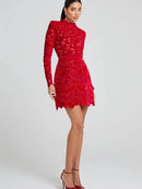 Red lace dress worn by a model on a light gray , Obroi