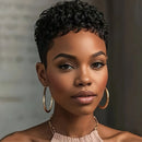 Woman with short, styled hair wearing gold hoop earrings against a neutral background, Obroi