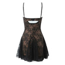 Women Spaghetti Straps Lace Dresses Black Beige Backless Hollow Out A-line Mini Dress Night Out Robe