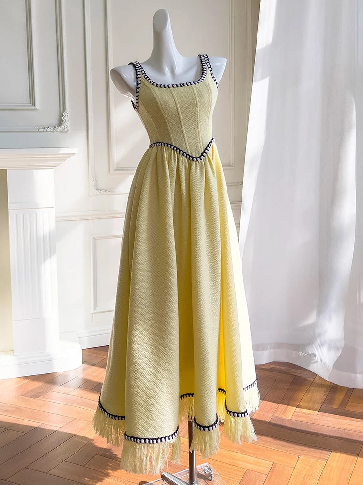 French Elegant Tweed Thick Straps Dresses For Women Square Collar Sleeveless Vintage Maxi Bottom Dress