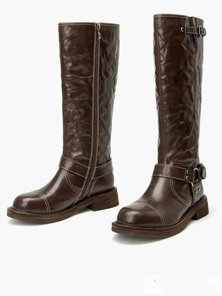 Women Pleated Thick Heel Knee High Women Boots, Knight Boots Round Toe Side Zipper Mid Leg Boots
